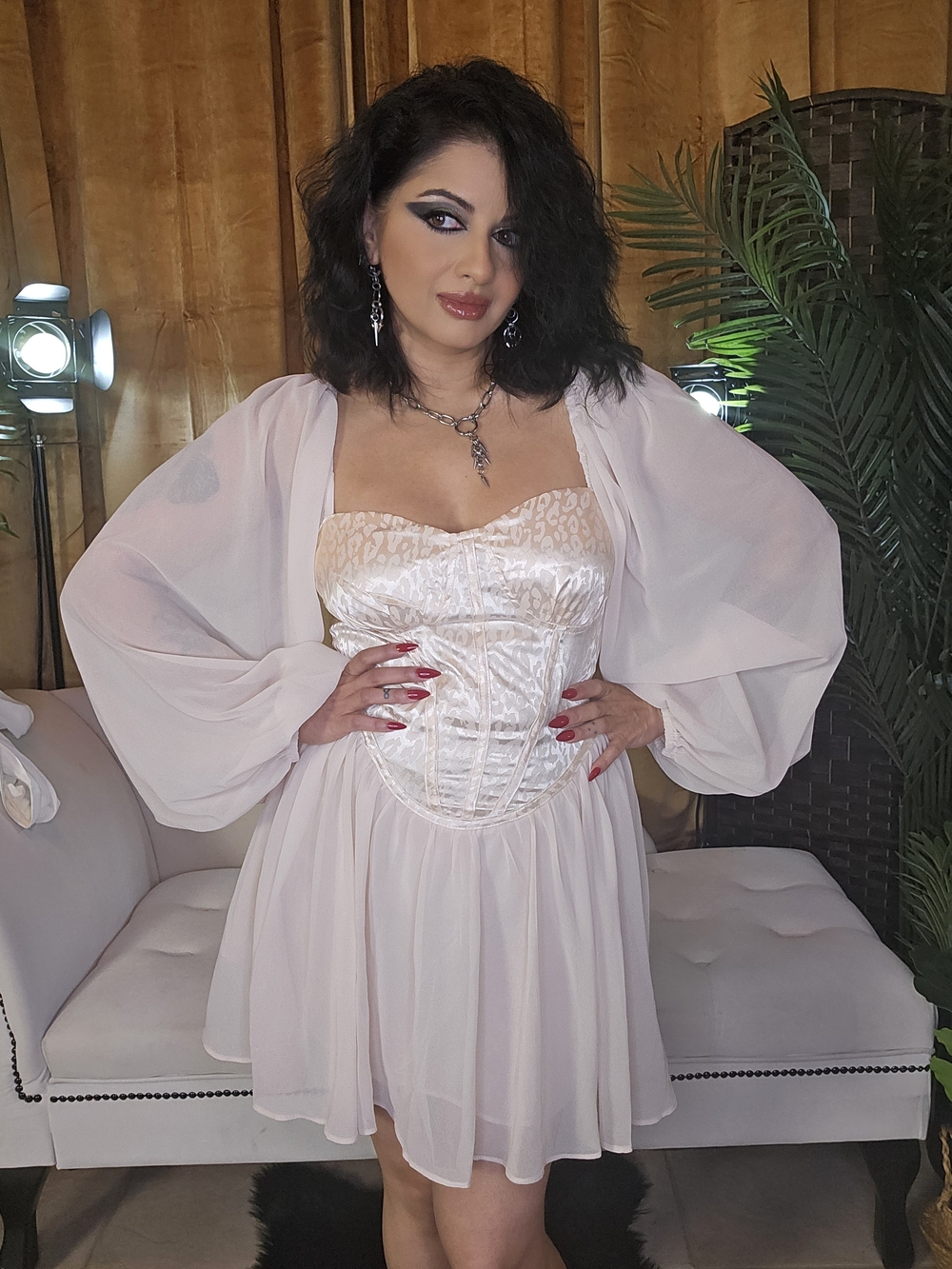 Sheer Blush Beige Balloon Sleeves Dress with Feminine Draping